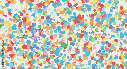A lively abstract design featuring a dynamic scatter of colorful geometric and organic shapes, perfect for backgrounds, celebrations, or playful