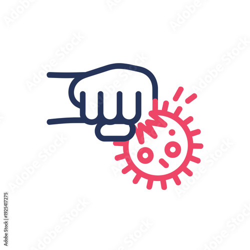 A hand pushing away a virus icon with a white background