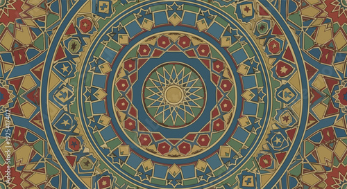 Intricate circular geometric pattern featuring a vintage mosaic style with vibrant yet muted colors perfect for decorative backgrounds and cultural