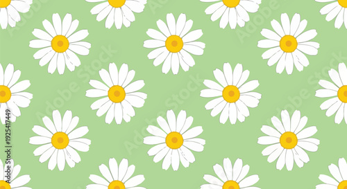 Gentle white daisy pattern with bright yellow centers scattered across a calming pastel green background a perfect repeatable floral motif for