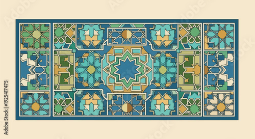A visually striking and complex ornamental geometric pattern featuring numerous interlocking shapes and symmetrical designs rendered in a pleasing