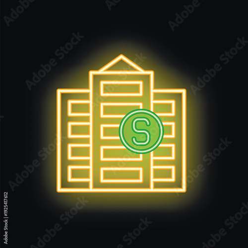 Neon icon of a multistory office building with a dollar sign, glowing on a black background