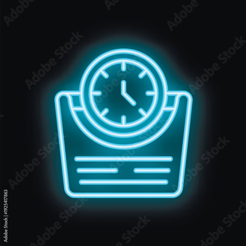 Neon sign of a scale displaying a clock, representing the concept of weight loss progress over time