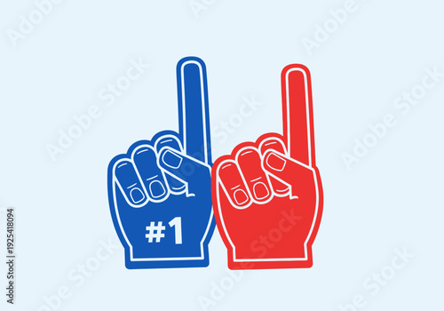 Two foam fingers, one blue with a number one symbol and one red, standing side by side on a light blue background, representing support or victory.