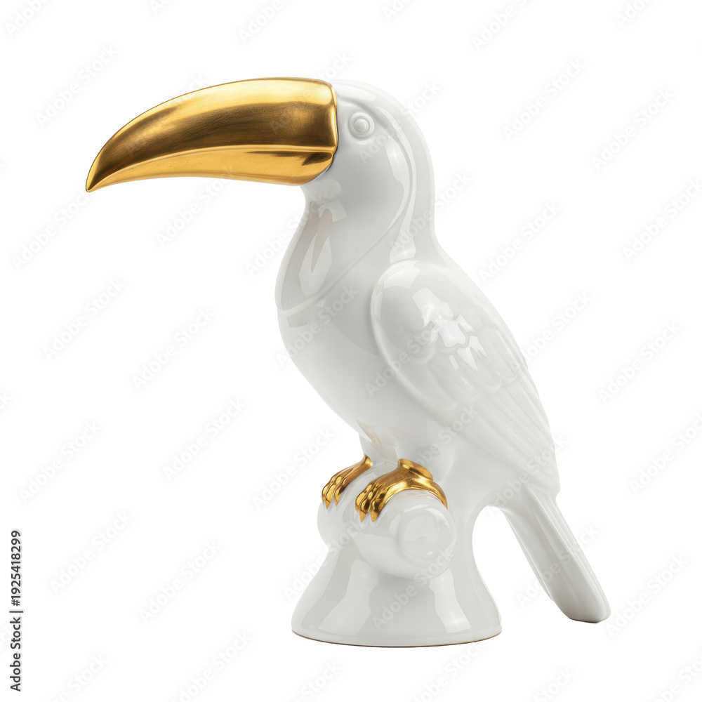 Fototapeta premium White porcelain toucan figurine with gold beak and feet