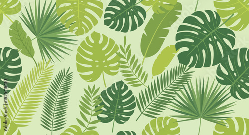 A captivating design featuring an array of vibrant green tropical leaves, creating a dynamic and refreshing seamless pattern for natural aesthetic