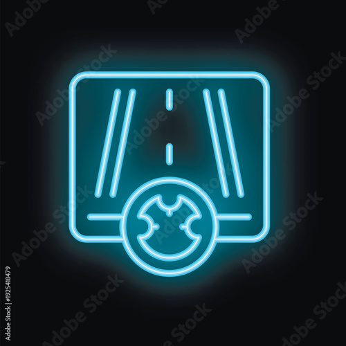 Glowing neon icon of a self driving vehicle using artificial intelligence for navigation on a highway