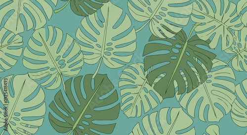 A vibrant botanical seamless pattern showcasing an array of lush monstera deliciosa leaves in diverse green tones overlapping on a cool tranquil