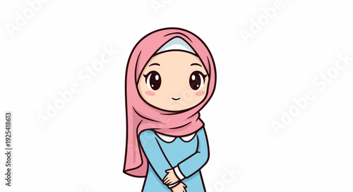 Cartoon illustration of a smiling young girl wearing a pink hijab and blue dress against a white background.