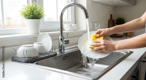 Woman washing dishes in a modern kitchen sink with running water and a sponge