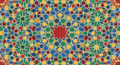Intricate mosaic pattern vibrant multicolor geometric art with tessellated star and polygon forms creating a visually rich tapestry perfect for