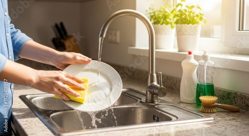 Woman washing dishes in kitchen sink with running water and sponge