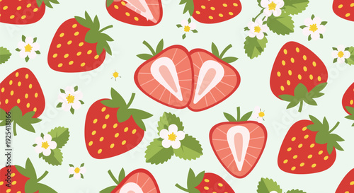 Vibrant Strawberry Delight Pattern with Fresh Fruit and Blossoms, a seamless fruity design for textiles and digital backgrounds, perfect for