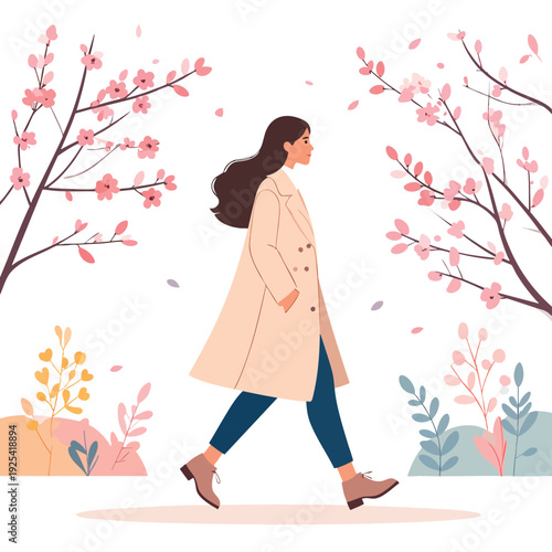 A woman walking outside surrounded by blossoming trees and flowers on a spring day