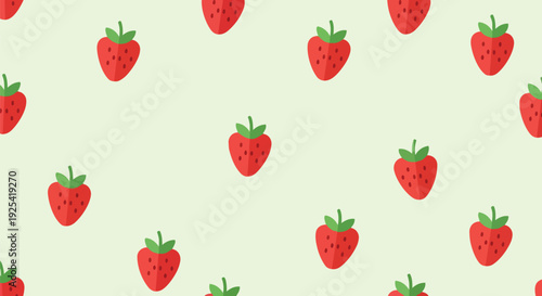 Charming seamless pattern featuring delightful red strawberries with vibrant green leaves on a soft pastel background creating a fresh and lovely