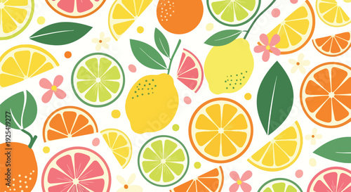 Vibrant citrus fruit pattern featuring lemons limes oranges grapefruit slices and green leaves
