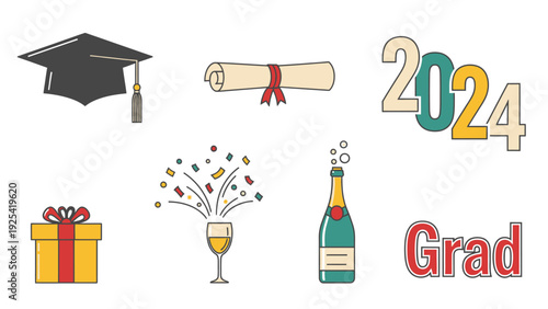 Graduation Celebration Elements Cap, Diploma, Champagne, Gift, and Year 2024 Icons