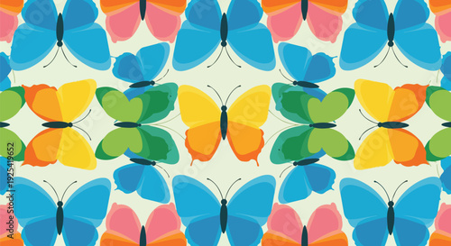 Lively abstract arrangement of multicolored butterflies in a delightful repeat design
