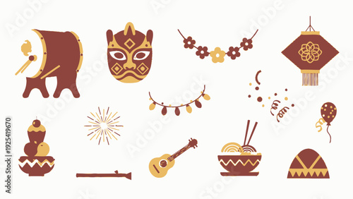 Vibrant Cultural Celebration Icons Set Traditional Festive Elements for Events and Decor