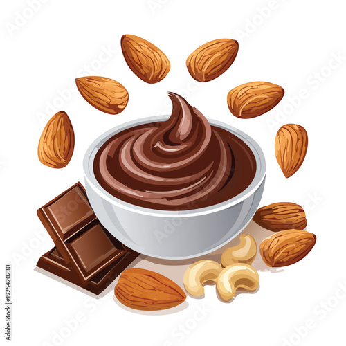 Chocolate dessert bowl and nuts arrangement on a white background