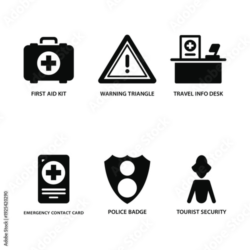 Black icons of travel and tourist security signs and symbols on white background