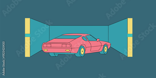 Flat illustration of a pink vintage sports car within a colorful geometric design