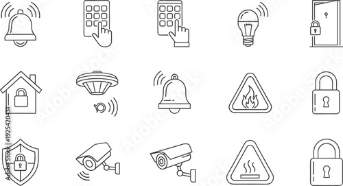 Set of Hand-Drawn Line Icons for Security, Alarms, Locks, and Home Protection Systems