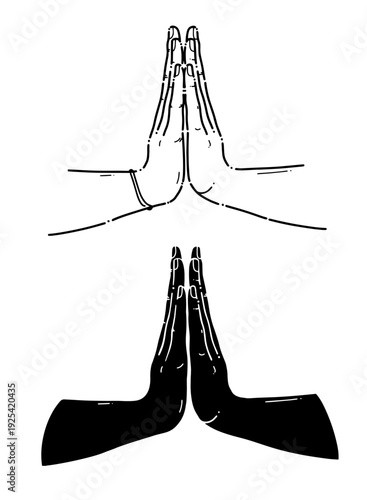 Pressed Hands Gesture Prayer Gratitude and Respect Illustration line art and silhouette style.