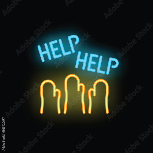 Neon sign of hands reaching up to the word help representing people needing assistance in an emergency