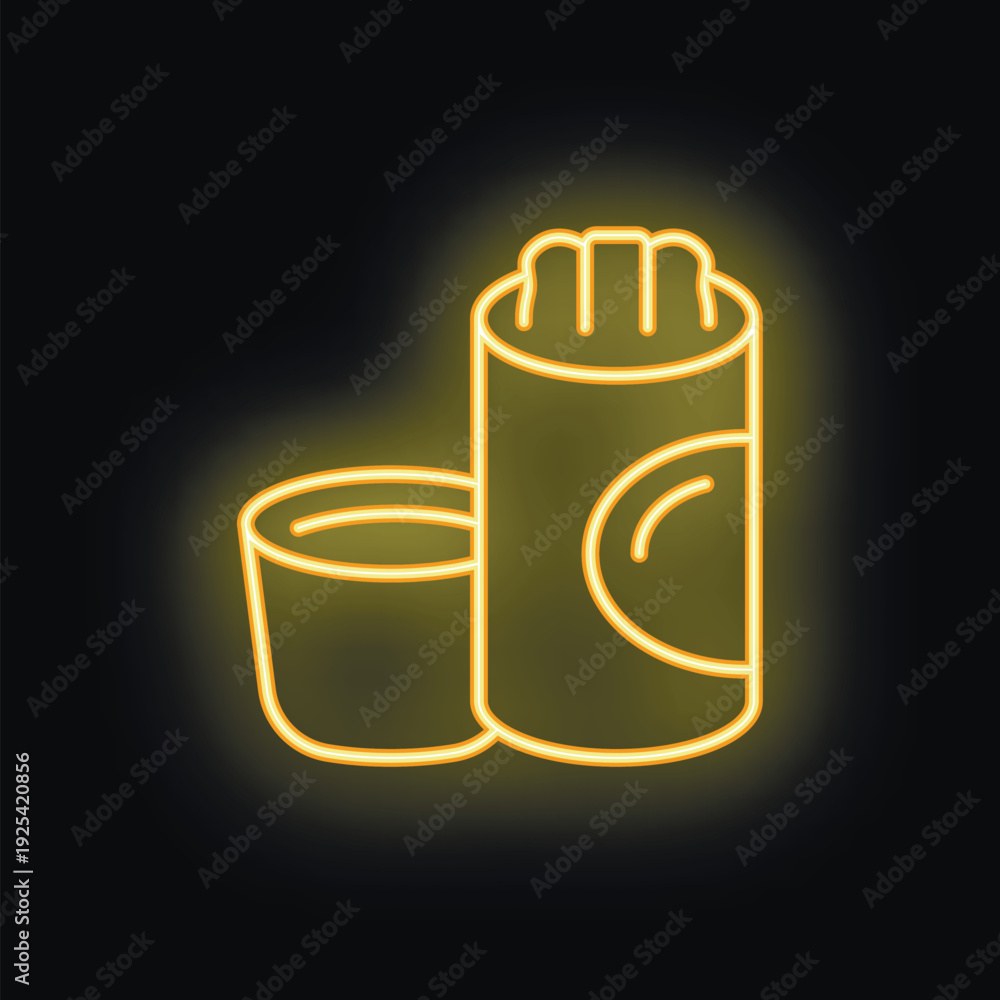Obraz premium Yellow neon icon of a cosmetic stick with open lid, isolated vector illustration on black background