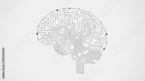 Abstract digital brain circuit board illustration representing artificial intelligence and technology with a clean minimalist design on a white background