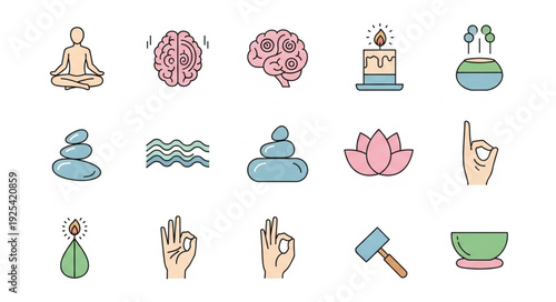 Collection of Icons Representing Mindfulness and Meditation Concepts.