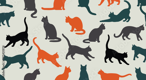 Dynamic seamless pattern of stylized cat silhouettes in various playful poses and earthy tones. This captivating repeating background offers a