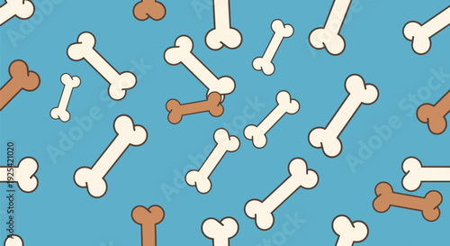Whimsical repeating pattern of cartoon dog bones. Cream and brown bones are playfully scattered across a bright blue backdrop, perfect for joyful