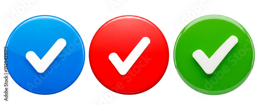Set of three glossy circular confirmation icons featuring white check marks in vibrant blue red and green on transparent background