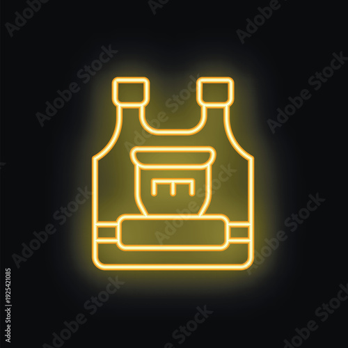 Yellow neon sign depicting a bulletproof vest, associated with protection and security