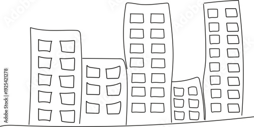 A simple line drawing of a city skyline with several tall buildings