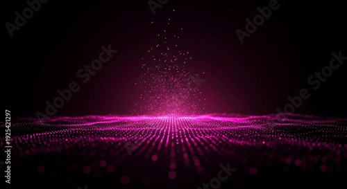 Glowing pink light beams emanating from a digital grid