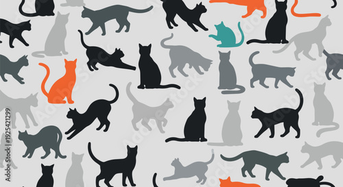 A charming and diverse seamless pattern featuring numerous feline silhouettes in various playful and elegant poses and colors on a tranquil light