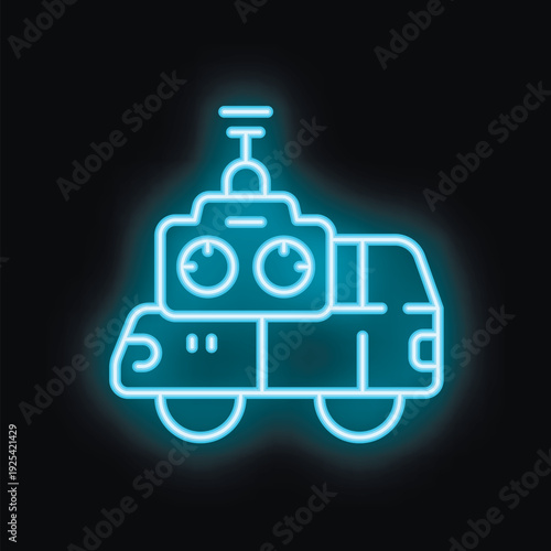 Blue neon icon of a radio controlled toy car with a remote antenna on top, glowing on a black background