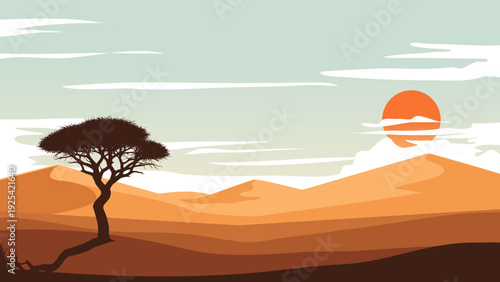 Minimalist desert sunset vector with acacia tree and dunes, tranquil stylized landscape for nature, travel, and wellness themes.