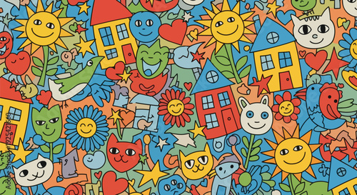 Whimsical Doodle Pattern with Cheerful Faces Houses Suns and Animals Vibrant Joyful Kids Art Background
