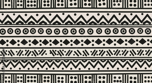 An intricate monochrome tribal pattern featuring diverse geometric shapes and artisanal textures creating a captivating seamless background design