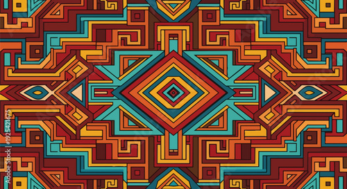 Vibrant Southwestern inspired geometric pattern with intricate maze-like colorful design and abstract symmetry