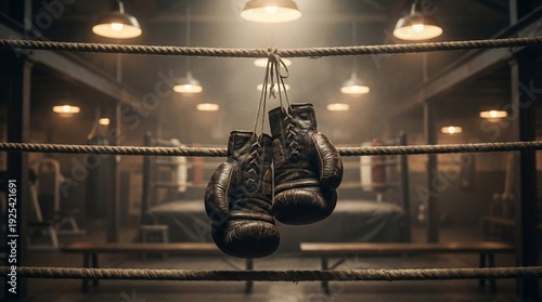 Wallpaper Mural Boxing gloves hanging inside a boxing ring, the scene illuminated by overhead lights Torontodigital.ca