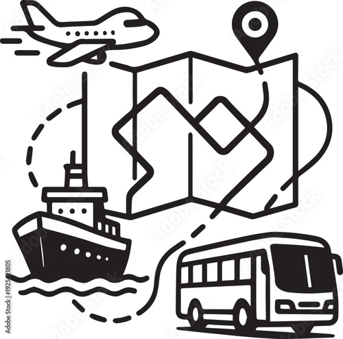 Global Journey Map | Air, Sea & Road Travel rout creative path Illustration.