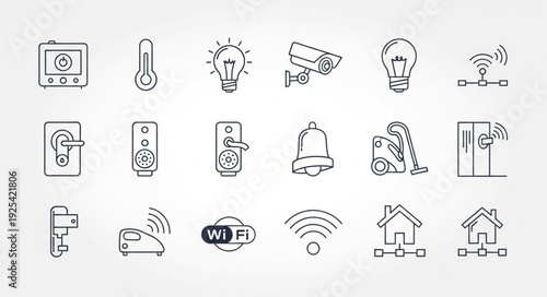 Collection of hand-drawn icons representing smart home technology and devices.