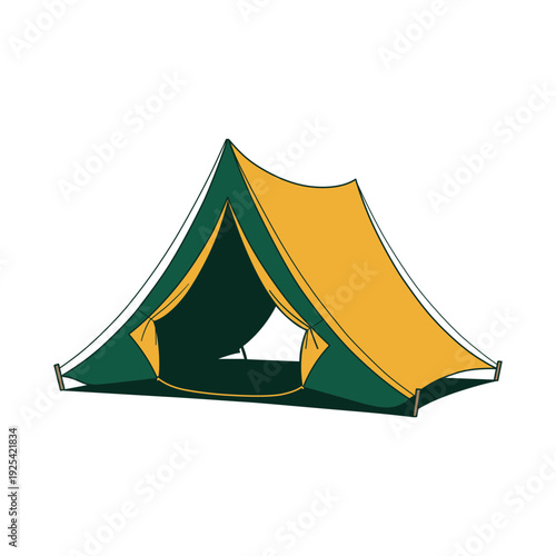 Green and yellow camping tent with open entrance isolated on white background
