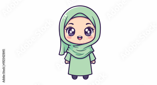 Cartoon illustration of a smiling young girl wearing a green hijab and dress on a white background with a cheerful mood.