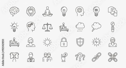 Collection of hand-drawn icons representing concepts of the mind and thinking.